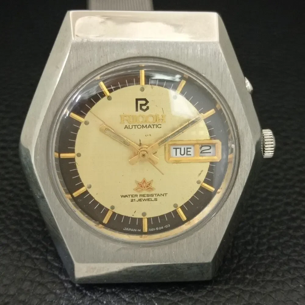 Vintage 1984 Ricoh Automatic Mens Silver Watch W/daydate & Gold accents